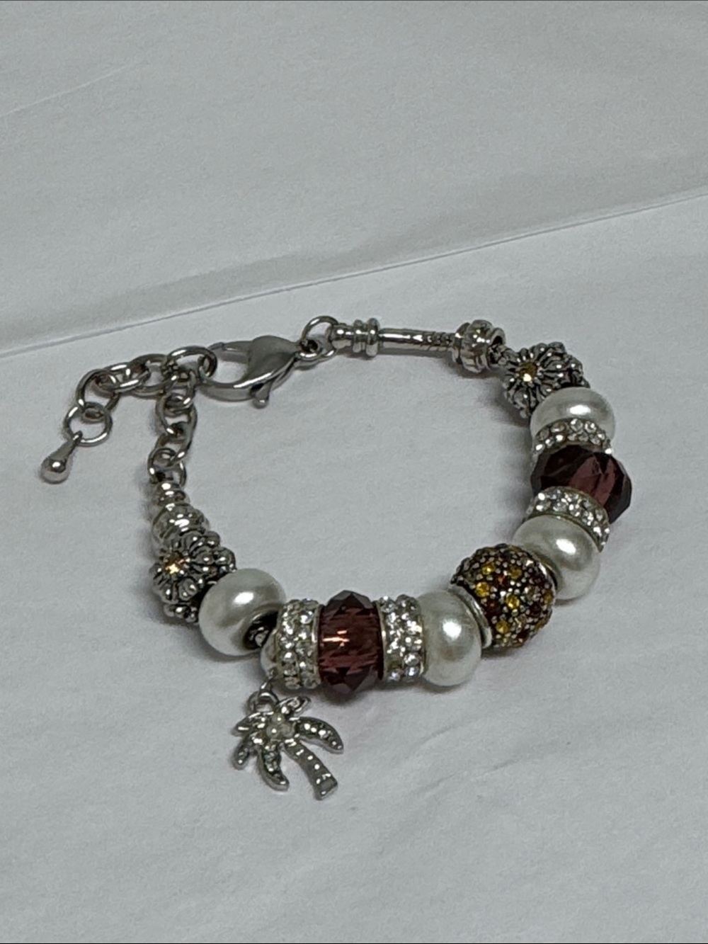 Bella Perlina Silver Pearl Bracelet with Garnet and Gold-Tone Crystal Beads